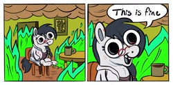 Size: 2400x1194 | Tagged: safe, artist:opalacorn, oc, oc only, oc:white bishop, earth pony, pony, coffee mug, comic, dialogue, fire, meme, mug, ponified meme, smiling, solo, speech bubble, talking to viewer, this is fine