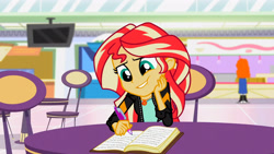 Size: 3072x1727 | Tagged: safe, screencap, golden hazel, sunset shimmer, human, equestria girls, equestria girls specials, g4, my little pony equestria girls: mirror magic, book, canterlot mall, clothes, female, geode of empathy, grin, jacket, jewelry, leather, leather jacket, magical geodes, necklace, smiling, solo focus