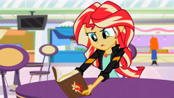 Size: 3072x1727 | Tagged: safe, screencap, golden hazel, sunset shimmer, human, equestria girls, equestria girls specials, g4, my little pony equestria girls: mirror magic, book, canterlot mall, clothes, female, geode of empathy, jacket, jewelry, leather, leather jacket, magical geodes, male, necklace, open mouth, solo focus