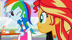 Size: 3072x1727 | Tagged: safe, screencap, rainbow dash, sunset shimmer, human, equestria girls, equestria girls specials, g4, my little pony equestria girls: mirror magic, burger, canterlot mall, clothes, cutie mark on clothes, duo, duo female, female, food, frown, geode of empathy, geode of super speed, jacket, jewelry, leather, leather jacket, magical geodes, necklace, one eye closed, smiling, wink