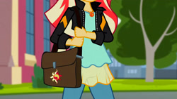 Size: 3072x1727 | Tagged: safe, screencap, sunset shimmer, human, equestria girls, equestria girls specials, g4, my little pony equestria girls: mirror magic, blouse, canterlot, clothes, denim, female, geode of empathy, jacket, jeans, jewelry, leather, leather jacket, magical geodes, necklace, pants, solo