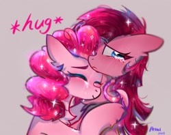 Size: 2048x1620 | Tagged: safe, artist:petaltwinkle, pinkie pie, earth pony, pony, g4, crying, duo, eyes closed, female, gray background, hug, mare, pinkamena diane pie, self paradox, self ponidox, signature, simple background