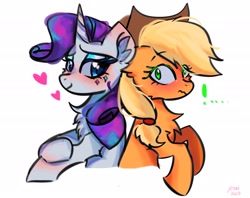 Size: 2048x1620 | Tagged: safe, artist:petaltwinkle, applejack, rarity, earth pony, pony, unicorn, g4, blushing, bust, chest fluff, exclamation point, female, floating heart, heart, lesbian, mare, ship:rarijack, shipping, signature, simple background, smiling, wavy mouth, white background