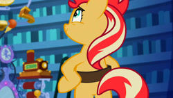 Size: 3072x1727 | Tagged: safe, screencap, sunset shimmer, pony, unicorn, equestria girls, equestria girls specials, g4, my little pony equestria girls: mirror magic, bag, bipedal, female, mare, saddle bag, smiling, solo, twilight's castle