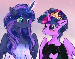 Size: 2048x1620 | Tagged: safe, artist:petaltwinkle, princess luna, twilight sparkle, alicorn, pony, g4, alternate hairstyle, blushing, crown, duo, female, frozen (movie), frozen 2, glowing, glowing horn, gradient background, horn, jewelry, looking at each other, looking at someone, mare, regalia, twilight sparkle (alicorn)