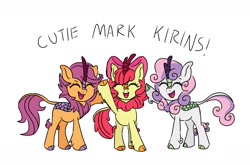Size: 1288x851 | Tagged: source needed, safe, artist:felicitea, apple bloom, scootaloo, sweetie belle, kirin, g4, adorabloom, cloven hooves, cute, cutealoo, cutie mark crusaders, cutie mark cuties, diasweetes, female, kirin-ified, open mouth, simple background, species swap, this will end in tears and/or death and/or covered in tree sap, trio, white background