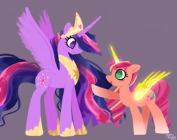 Size: 2048x1620 | Tagged: safe, artist:petaltwinkle, sunny starscout, twilight sparkle, alicorn, pony, g5, duo, female, frown, height difference, long mane, looking at each other, looking at someone, mane stripe sunny, mare, older, older twilight, older twilight sparkle (alicorn), open mouth, open smile, pointing, princess twilight 2.0, purple background, race swap, simple background, smiling, spread wings, sunny and her heroine, sunnycorn, twilight sparkle (alicorn), wings