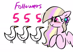 Size: 2091x1493 | Tagged: safe, artist:petaltwinkle, oc, oc:petal twinkle, bird, duck, pegasus, pony, blushing, female, follower count, mare, simple background, smiling, white background