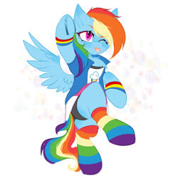 Size: 2000x2000 | Tagged: safe, artist:thieftea, rainbow dash, pegasus, pony, equestria girls 10th anniversary, g4, ;p, clothes, equestria girls outfit, female, frog (hoof), high res, mare, one eye closed, rainbow socks, simple background, socks, solo, spread wings, striped socks, tongue out, underhoof, white background, wings