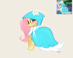 Size: 1024x810 | Tagged: safe, artist:petaltwinkle, fluttershy, pegasus, pony, g4, secret of my excess, aside glance, beige background, cloak, clothes, cute, female, looking at you, mare, screencap reference, shyabetes, signature, simple background, smiling, smiling at you, solo, standing, taffeta cape