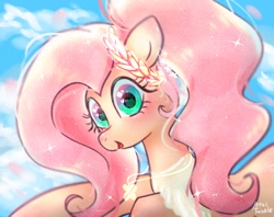 Size: 1024x810 | Tagged: safe, artist:petaltwinkle, fluttershy, pegasus, pony, g4, alternate hairstyle, bust, clothes, cute, dress, female, heart, heart eyes, jewelry, laurel wreath, looking at you, mare, necklace, open mouth, open smile, shyabetes, signature, smiling, smiling at you, solo, wingding eyes