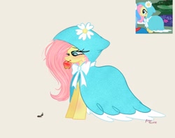 Size: 2048x1620 | Tagged: safe, artist:petaltwinkle, fluttershy, ant, insect, pegasus, pony, g4, secret of my excess, apple, beige background, blushing, cloak, clothes, cute, female, food, looking at something, looking down, mare, mouth hold, screencap reference, shyabetes, signature, simple background, solo, standing, taffeta cape
