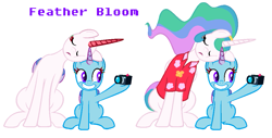 Size: 1047x530 | Tagged: safe, artist:feather_bloom, princess celestia, oc, alicorn, pony, g4, base, camera, clothes, excited, female, free to use, horn, mare, ms paint, ponytail, selfie, shirt, simple background, sitting, sleeping, transparent horn, transparent wings, white background, wings