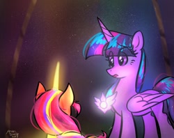 Size: 1024x810 | Tagged: safe, artist:petaltwinkle, sunny starscout, twilight sparkle, alicorn, earth pony, pony, g5, growing pains, my little pony: make your mark, my little pony: make your mark chapter 2, spoiler:g5, spoiler:my little pony: make your mark, spoiler:my little pony: make your mark chapter 2, spoiler:mymc02e02, artificial horn, augmented, crystal, duo, earth pony crystal, female, hologram, horn, magic, magic horn, mane stripe sunny, mare, pegasus crystal, race swap, scene interpretation, sunny and her heroine, sunnycorn, twilight sparkle (alicorn), unicorn crystal, unity crystals