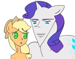 Size: 1024x810 | Tagged: safe, artist:petaltwinkle, applejack, rarity, earth pony, unicorn, anthro, g4, base used, duo, female, hot yaoi base, lesbian, mare, meme, particle mare, pointy chin, quality, ship:rarijack, shipping, simple background, triangle, wat, white background