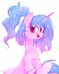 Size: 1620x2048 | Tagged: safe, artist:petaltwinkle, izzy moonbow, pony, unicorn, g5, alternate hairstyle, cute, female, izzybetes, mare, open mouth, open smile, ponytail, simple background, sitting, smiling, solo, white background