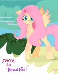 Size: 1620x2048 | Tagged: safe, artist:petaltwinkle, fluttershy, pegasus, pony, g4, blushing, cute, dialogue, ear blush, floppy ears, looking at you, offscreen character, shyabetes, signature, smiling, smiling at you, solo, spread wings, wings