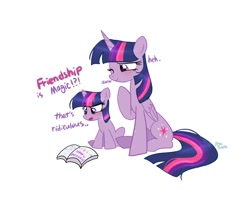 Size: 1024x810 | Tagged: safe, artist:petaltwinkle, twilight sparkle, alicorn, pony, unicorn, g4, book, dialogue, duo, female, filly, filly twilight sparkle, mare, one eye closed, self paradox, self ponidox, signature, simple background, sitting, time paradox, title drop, twilight sparkle (alicorn), unicorn twilight, white background, younger