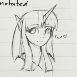 Size: 1494x1494 | Tagged: safe, artist:doekitty, twilight sparkle, human, g4, bust, elf ears, female, horn, horned humanization, humanized, lined paper, monochrome, sketch, solo, traditional art