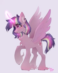 Size: 1620x2048 | Tagged: safe, artist:petaltwinkle, twilight sparkle, alicorn, pony, g4, chest fluff, female, long feather, mare, open mouth, open smile, purple background, signature, simple background, smiling, solo, spread wings, twilight sparkle (alicorn), wings