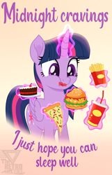 Size: 1150x1788 | Tagged: safe, artist:theretroart88, part of a set, twilight sparkle, alicorn, pony, g4, burger, cake, cheek bulge, cute, drink, eating, female, folded wings, food, glowing, glowing horn, hay burger, herbivore, horn, levitation, magic, magic aura, mare, movie accurate, pizza, plate, signature, solo, telekinesis, this will end in weight gain, twiabetes, twilight burgkle, twilight sparkle (alicorn), wings