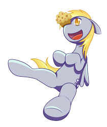 Size: 1332x1581 | Tagged: safe, artist:senseijiufu, derpy hooves, pegasus, pony, g4, balancing, food, muffin, open mouth, open smile, ponies balancing stuff on their nose, simple background, smiling, solo, that pony sure does love muffins, transparent background