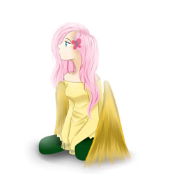 Size: 1500x1500 | Tagged: safe, artist:senseijiufu, fluttershy, human, g4, bare shoulders, butterfly hairpin, clothes, female, humanized, long sleeves, simple background, solo, white background, winged humanization, wings