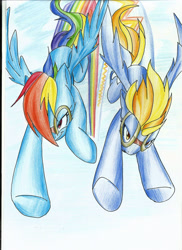 Size: 1700x2338 | Tagged: safe, artist:fenriz278, lightning dust, rainbow dash, pegasus, pony, g4, colored pencil drawing, duo, flying, goggles, racing, rainbow trail, speed trail, traditional art