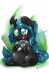 Size: 1299x1949 | Tagged: safe, artist:fenriz278, queen chrysalis, changeling, changeling larva, changeling queen, g4, chibi, chubby, cute, cutealis, mommy chrissy, open mouth, open smile, pacifier, smiling