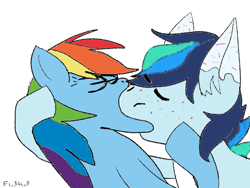 Size: 1600x1200 | Tagged: safe, artist:floof hoof, rainbow dash, oc, oc:fast horse, pegasus, pony, g4, anatomically incorrect, canon x oc, cute, duo, ear fluff, eyes closed, freckles, in love, kissing, multicolored mane, passionate, signature, simple background, sloppy kissing, white background