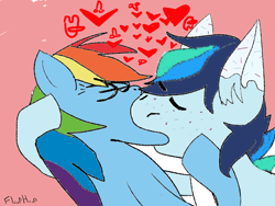 Size: 1600x1200 | Tagged: safe, alternate version, artist:floof hoof, rainbow dash, oc, oc:fast horse, pegasus, pony, g4, among us, anatomically incorrect, beautiful, canon x oc, duo, ear fluff, eyes closed, female, freckles, heart, in love, kissing, love, making out, male, multicolored mane, passionate, pink background, simple background, straight