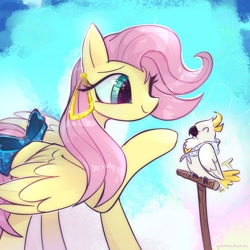 Size: 2048x2048 | Tagged: safe, artist:qwennondeathdie, fluttershy, bird, cockatoo, pegasus, pony, g4, bow, cute, duo, ear piercing, earring, female, high res, jewelry, mare, perch, piercing, raised hoof, shyabetes, signature, smiling, tail, tail bow, tail wag