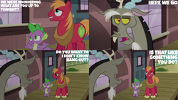 Size: 2000x1125 | Tagged: safe, edit, edited screencap, editor:quoterific, screencap, big macintosh, discord, spike, draconequus, dragon, earth pony, pony, dungeons and discords, g4, big macintosh's yoke, discord is not amused, horse collar, male, stallion, train station, trio, trio male, unamused