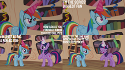 Size: 2000x1125 | Tagged: safe, edit, edited screencap, editor:quoterific, screencap, rainbow dash, twilight sparkle, alicorn, pegasus, pony, daring don't, g4, balloon, golden oaks library, hat, party hat, twilight sparkle (alicorn)