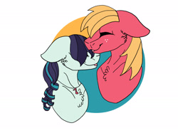 Size: 2732x2048 | Tagged: safe, artist:creativa-artly01, big macintosh, coloratura, earth pony, pony, g4, base used, bust, cheek fluff, duo, eyes closed, female, floppy ears, high res, jewelry, male, mare, necklace, nuzzling, raramac, shipping, simple background, stallion, straight, white background