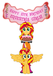 Size: 2983x4230 | Tagged: source needed, safe, anonymous artist, sunset shimmer, alicorn, human, pony, equestria girls 10th anniversary, equestria girls, g4, alicornified, anniversary, banner, birthday, birthday cake, birthday candles, boots, cake, candle, closed mouth, clothes, commission, confetti, event, exclamation point, eyebrows, eyelashes, eyes open, female, fire, food, happy, high res, holding, holiday, horn, jacket, leather, leather boots, leather jacket, looking, looking at you, magic, magic aura, mare, nostrils, numbers, pasties, plate, race swap, shimmercorn, shirt, shoes, simple background, skirt, smiling, smiling at you, solo, spread wings, standing, symbol, telekinesis, text, transparent background, wall of tags, wings