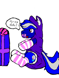 Size: 512x680 | Tagged: safe, artist:cavewolfphil, oc, oc only, oc:midnight-delight, earth pony, pony, abdl, christmas, clothes, diaper, diaper fetish, diaper under clothes, fetish, holiday, male, non-baby in diaper, onesie, pacifier, present, simple background, socks, speech bubble, stallion, white background, wolf onesie