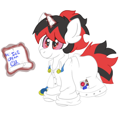 Size: 4096x4096 | Tagged: safe, artist:deusexkittycoon, oc, oc only, oc:zaknel, pony, unicorn, candy, closed mouth, clothes, coat, colt, cute, foal, food, horn, lollipop, male, male oc, paper, pink sclera, red eyes, sharpie, simple background, solo, stethoscope, transparent background, unicorn magic, unicorn oc, wallet