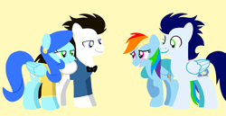 Size: 1980x1020 | Tagged: safe, artist:mlplary6, rainbow dash, soarin', oc, oc:cloudy storm, oc:sky thunder, pegasus, pony, g4, blushing, boyfriend and girlfriend, father-in-law, female, husband and wife, looking at each other, looking at someone, male, mare, meeting, mother in law, parents in law, ship:soarindash, shipping, shy, simple background, smiling, stallion, straight