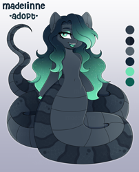 Size: 3600x4447 | Tagged: safe, artist:madelinne, oc, oc only, lamia, original species, absurd resolution, adoptable, advertisement, advertisement in description, belly, color palette, ear fluff, eyelashes, fangs, full body, gradient background, gradient mane, hair over one eye, lipstick, long hair, makeup, open mouth, open smile, reference sheet, scales, smiling, snake tail, solo, sparkly mane, tail, watermark