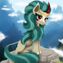 Size: 4000x4000 | Tagged: safe, artist:ser-p, rain shine, kirin, g4, absurd resolution, cloud, cloven hooves, female, jewelry, looking at you, mountain, outdoors, regalia, sitting, smiling, smiling at you, solo, three quarter view