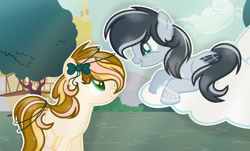 Size: 1280x771 | Tagged: safe, artist:azulsnow, oc, oc only, earth pony, pegasus, pony, cloud, female, mare