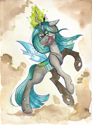 Size: 4851x6595 | Tagged: source needed, safe, artist:lightisanasshole, queen chrysalis, changeling, changeling queen, pony, unicorn, g4, abstract background, angry, bipedal, magic, solo, traditional art, watercolor painting