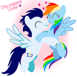 Size: 1400x1400 | Tagged: safe, artist:mlplary6, rainbow dash, soarin', pegasus, pony, g4, boyfriend and girlfriend, carrying, eyes closed, female, flying, heart, love, male, mare, ship:soarindash, shipping, stallion, straight, text