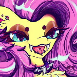 Size: 3000x3000 | Tagged: safe, artist:umbrapone, fluttershy, bat pony, pony, g4, bat ears, bat ponified, bedroom eyes, bust, chest fluff, collar, ear piercing, eyeshadow, fangs, flutterbat, fluttergoth, high res, leather, leather collar, lidded eyes, lip piercing, makeup, maw, piercing, pink mane, portrait, race swap, solo, spiked collar, tongue piercing