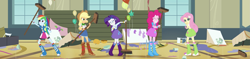 Size: 2397x563 | Tagged: safe, composite screencap, edit, edited screencap, editor:incredibubbleirishguy, screencap, applejack, fluttershy, pinkie pie, rainbow dash, rarity, human, equestria girls, g4, my little pony equestria girls, balloon, boots, broom, clothes, humane five, mess, panorama, rainbow socks, shoes, skirt, socks, striped socks