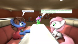 Size: 1920x1080 | Tagged: safe, artist:zippysparkz, oc, oc only, oc:bizarre song, oc:sugar morning, oc:zippy sparkz, pony, 3d, dialogue, diner, female, male, mare, sitting, speech bubble, talking, trio