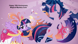 Size: 1192x670 | Tagged: safe, artist:darkmoonanimation, twilight sparkle, alicorn, pony, g4, magical mystery cure, big crown thingy, clothes, dress, element of magic, jewelry, magical mystery cure 10th anniversary, regalia, solo, twilight sparkle (alicorn)