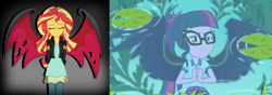 Size: 2544x896 | Tagged: safe, artist:deannaphantom13, edit, editor:incredibubbleirishguy, screencap, sci-twi, sunset shimmer, twilight sparkle, human, equestria girls, g4, my little pony equestria girls: legend of everfree, comparison, demon wings, duo, duo female, female, sad, scared, side by side, spread wings, the midnight in me, wings, worried