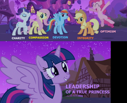 Size: 1468x1200 | Tagged: safe, edit, edited screencap, editor:incredibubbleirishguy, screencap, applejack, fluttershy, pinkie pie, rainbow dash, rarity, twilight sparkle, alicorn, earth pony, pegasus, pony, unicorn, g4, magical mystery cure, charity, compassion, devotion, female, golden oaks library, integrity, leadership, magical mystery cure 10th anniversary, mane six, mare, night, optimism, text, twilight sparkle (alicorn)